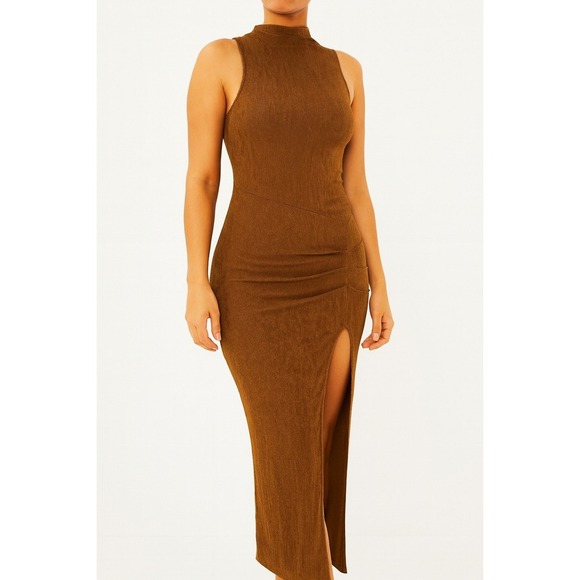 None Dresses & Skirts - Semi sheer Sleeveless Mock Neck Maxi Dress with Thigh High Slit - Brown Knit s
